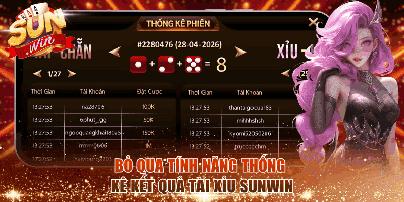 Bỏ qua tính năng thống kê kết quả Tài Xỉu Sunwin