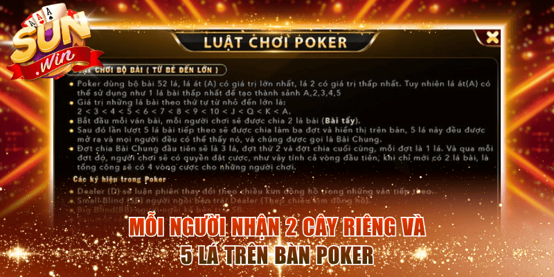 Mỗi người nhận 2 cây riêng và 5 lá trên bàn Poker